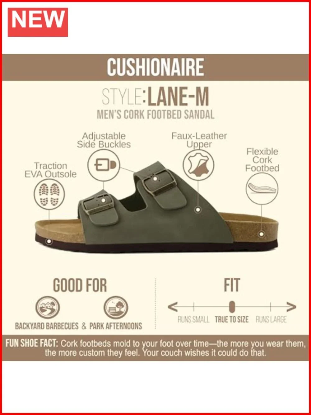 Cork Footbed Mens Sandals Adjustable Buckle Comfort Slides Genuine Leather